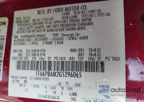 2016 Ford Mustang V6 из США, поврежденный, VIN 1FA6P8AM2G5296065